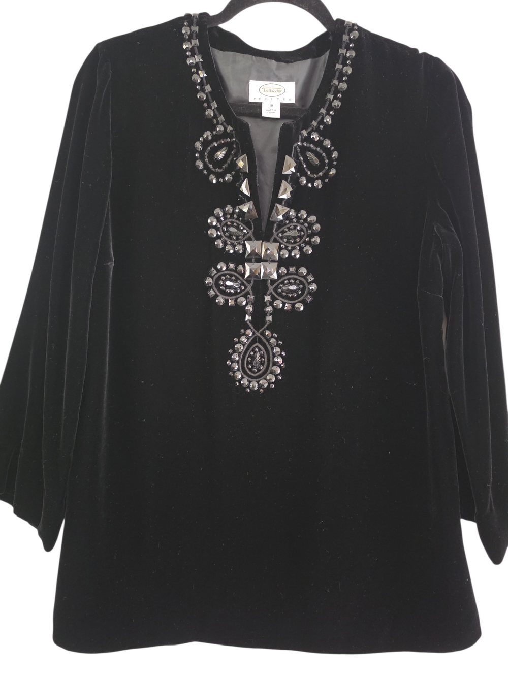 Talbots Black Velvet Tunic with Beaded Embellishment